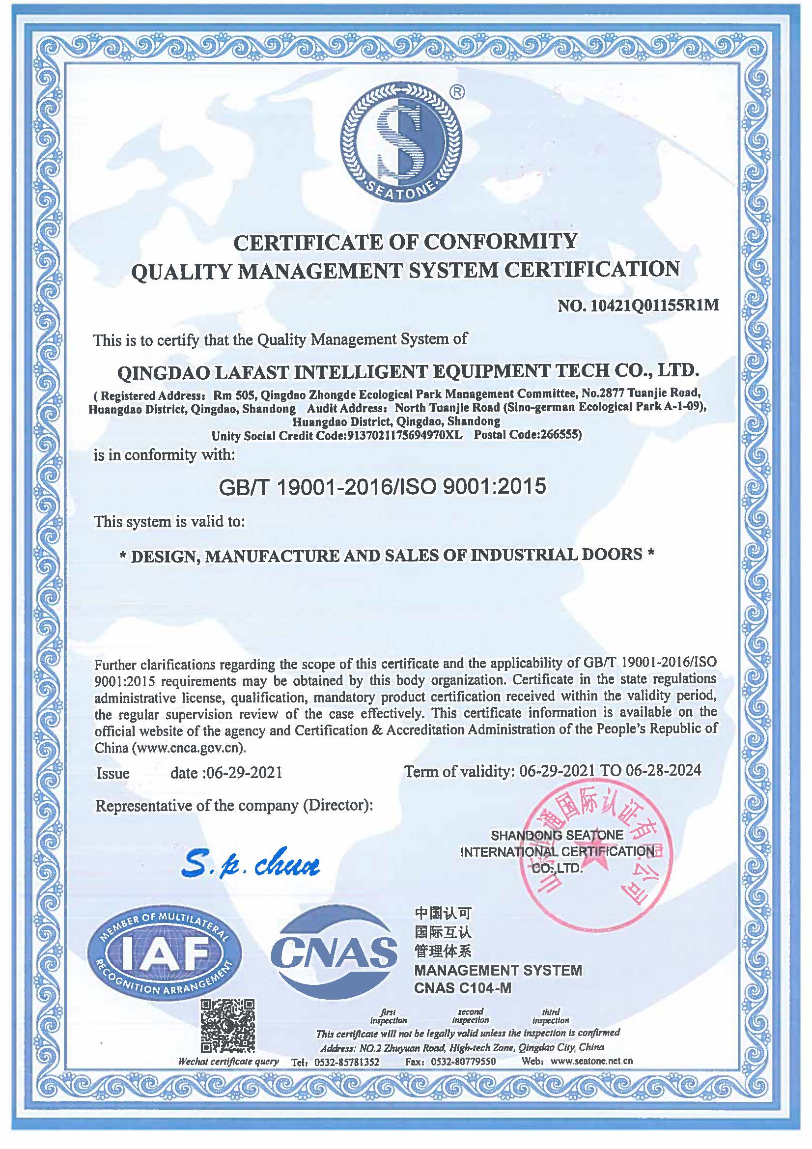 Quality Management System Certificate — ISO 9001